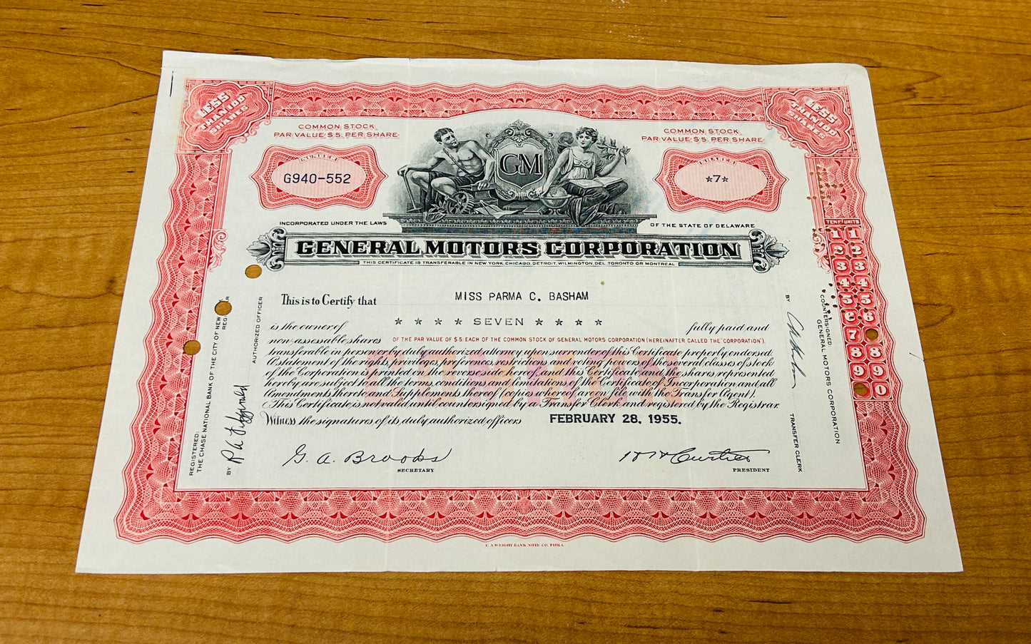 GENERAL MOTORS Corp. Authentic Stock Certificate- Rare- Year 1950's includes protective top loader, Gift Ready