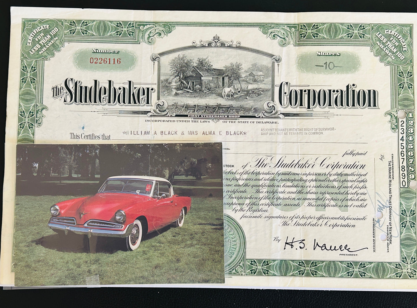 STUDEBAKER CORPORATION Authentic Stock Certificate, Year 1952 with postcard
