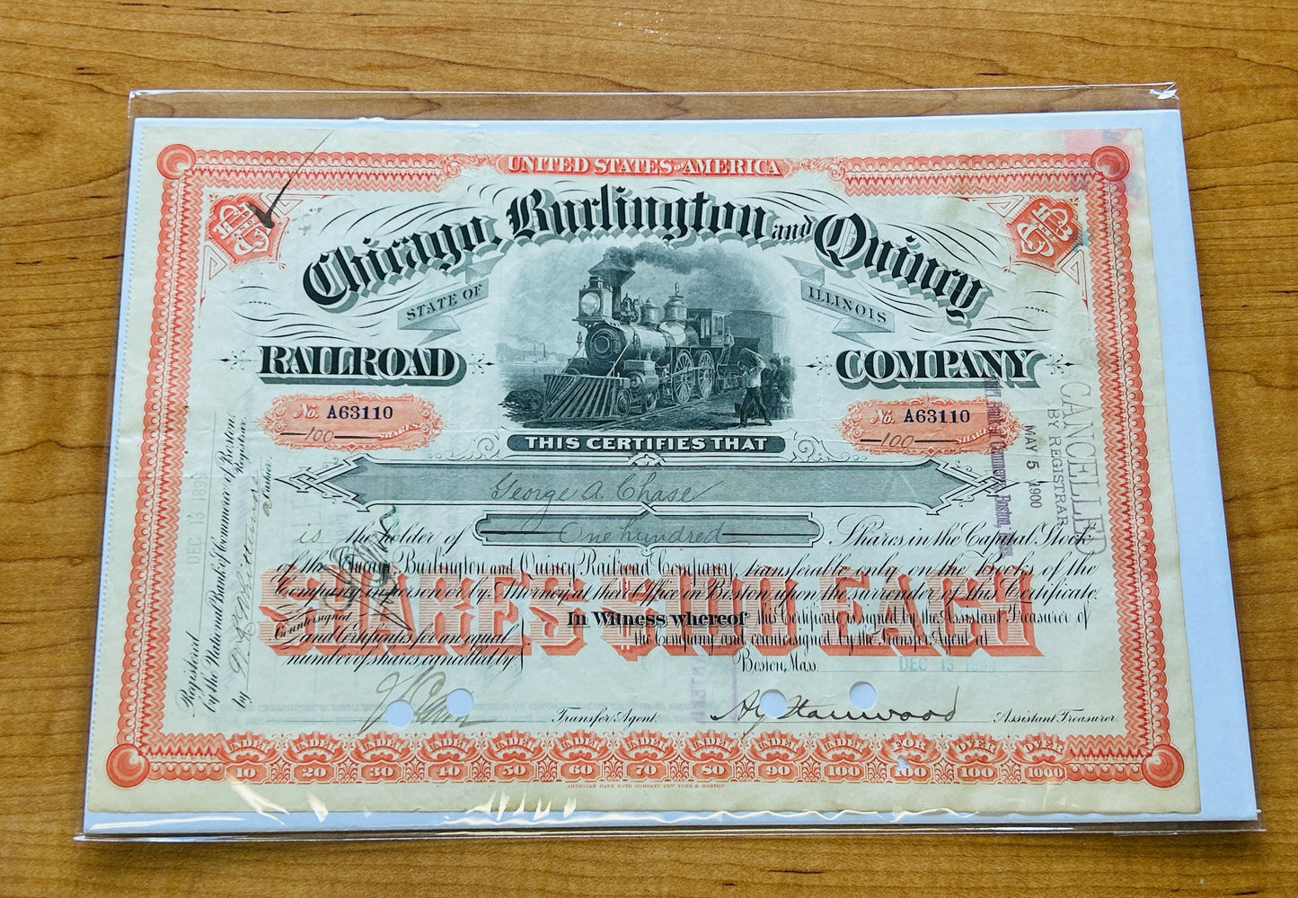 CHICAGO, BURLINGTON, and QUINCY Railroad Company authentic Stock Certificate Year 1899
