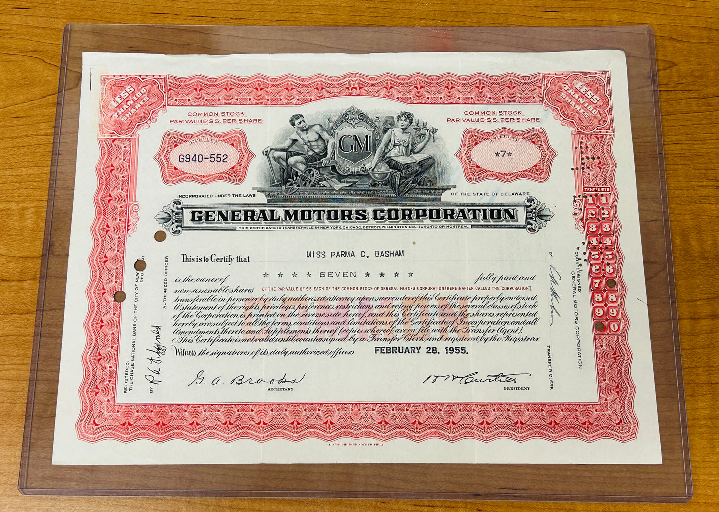 GENERAL MOTORS Corp. Authentic Stock Certificate- Rare- Year 1950's includes protective top loader, Gift Ready