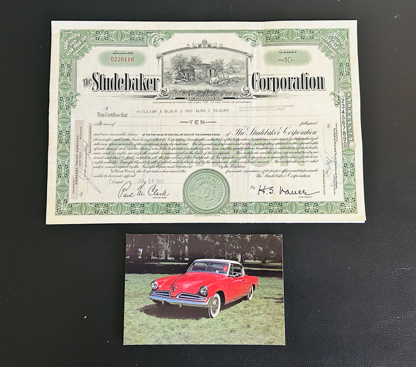 STUDEBAKER CORPORATION Authentic Stock Certificate, Year 1952 with postcard