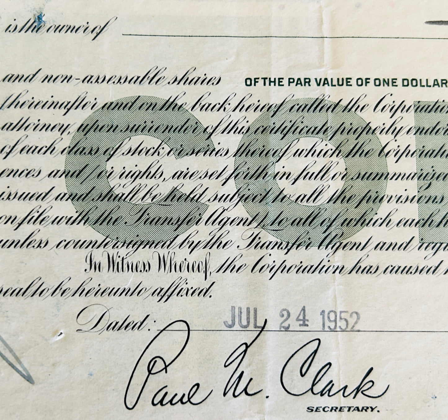 STUDEBAKER CORPORATION Authentic Stock Certificate, Year 1952 with postcard