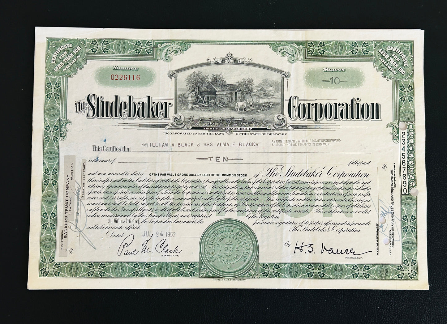STUDEBAKER CORPORATION Authentic Stock Certificate, Year 1952 with postcard