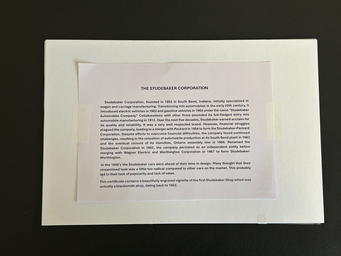 STUDEBAKER CORPORATION Authentic Stock Certificate, Year 1952 with postcard