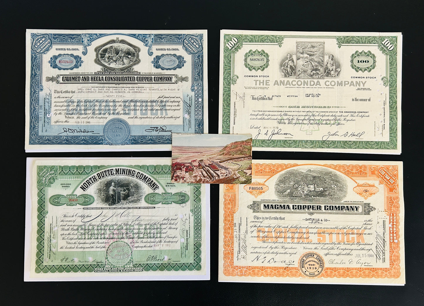 Mining Stocks, Set of 4 Authentic Stock Certificates, Oldest is year 1912 , Historic Mining United States Companies + postcard, Gift Ready