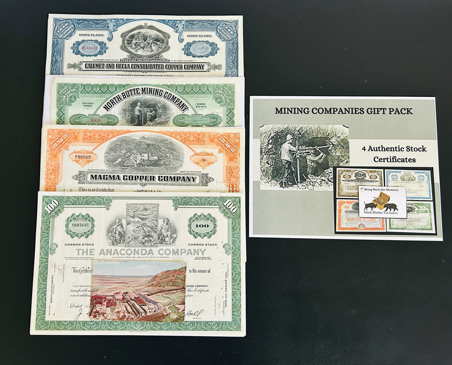 Mining Stocks, Set of 4 Authentic Stock Certificates, Oldest is year 1912 , Historic Mining United States Companies + postcard, Gift Ready