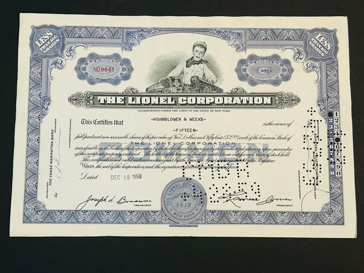 LIONEL TRAIN CORPORATION Authentic Stock Certificate, Year 1958 with postcard, Purple