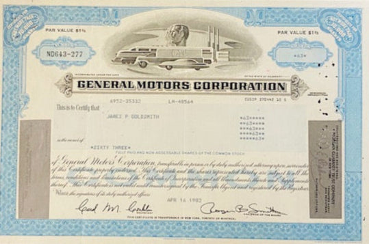 GENERAL MOTORS CORPORATION-Authentic Stock Certificate-1982