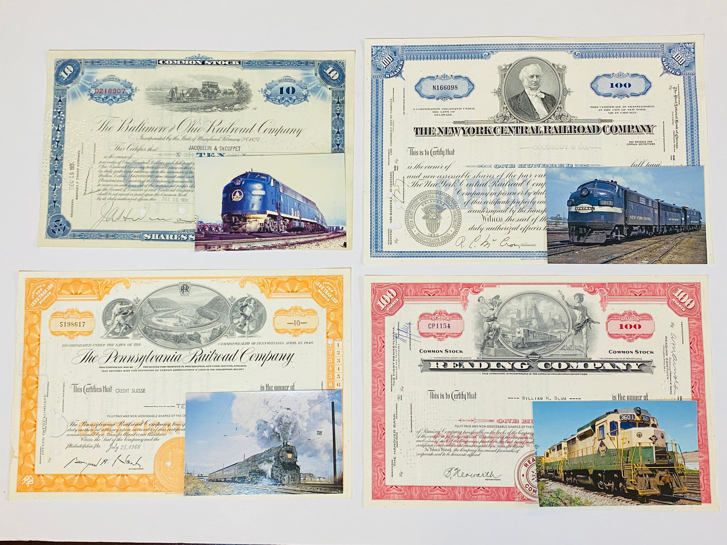 Set of 4 Gift Pack- Monopoly Railroad Authentic Stock Certificates + 4 Postcards