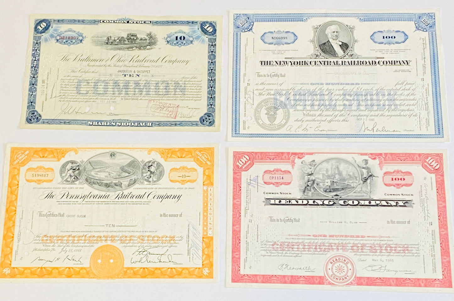 Set of 4 Gift Pack- Monopoly Railroad Authentic Stock Certificates + 4 Postcards