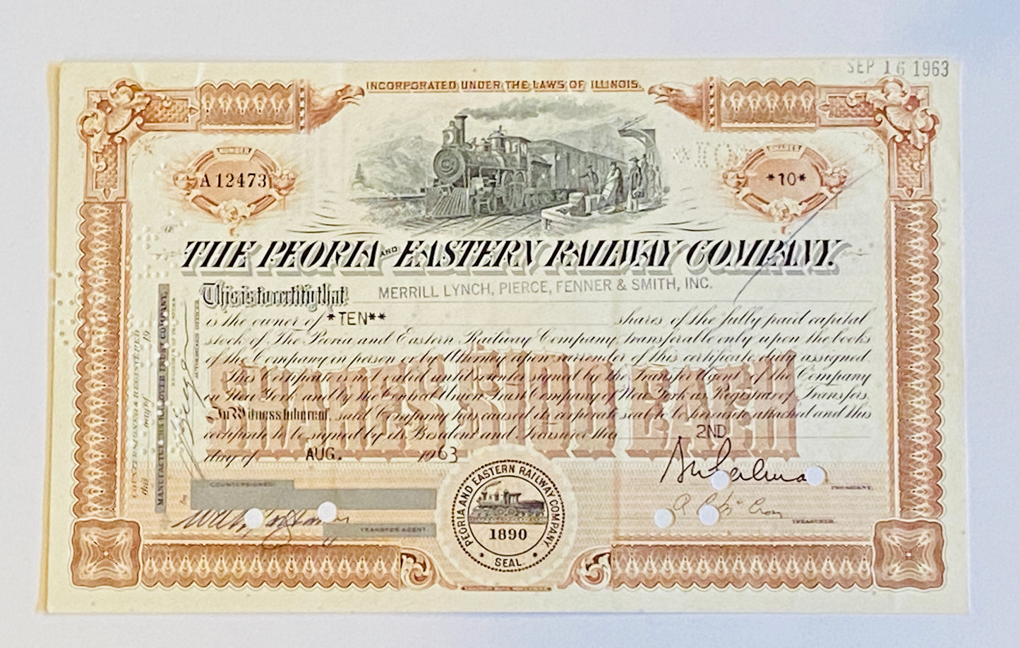 PEORIA AND EASTERN RAILWAY COMPANY Authentic Stock Certificate, Year 1963