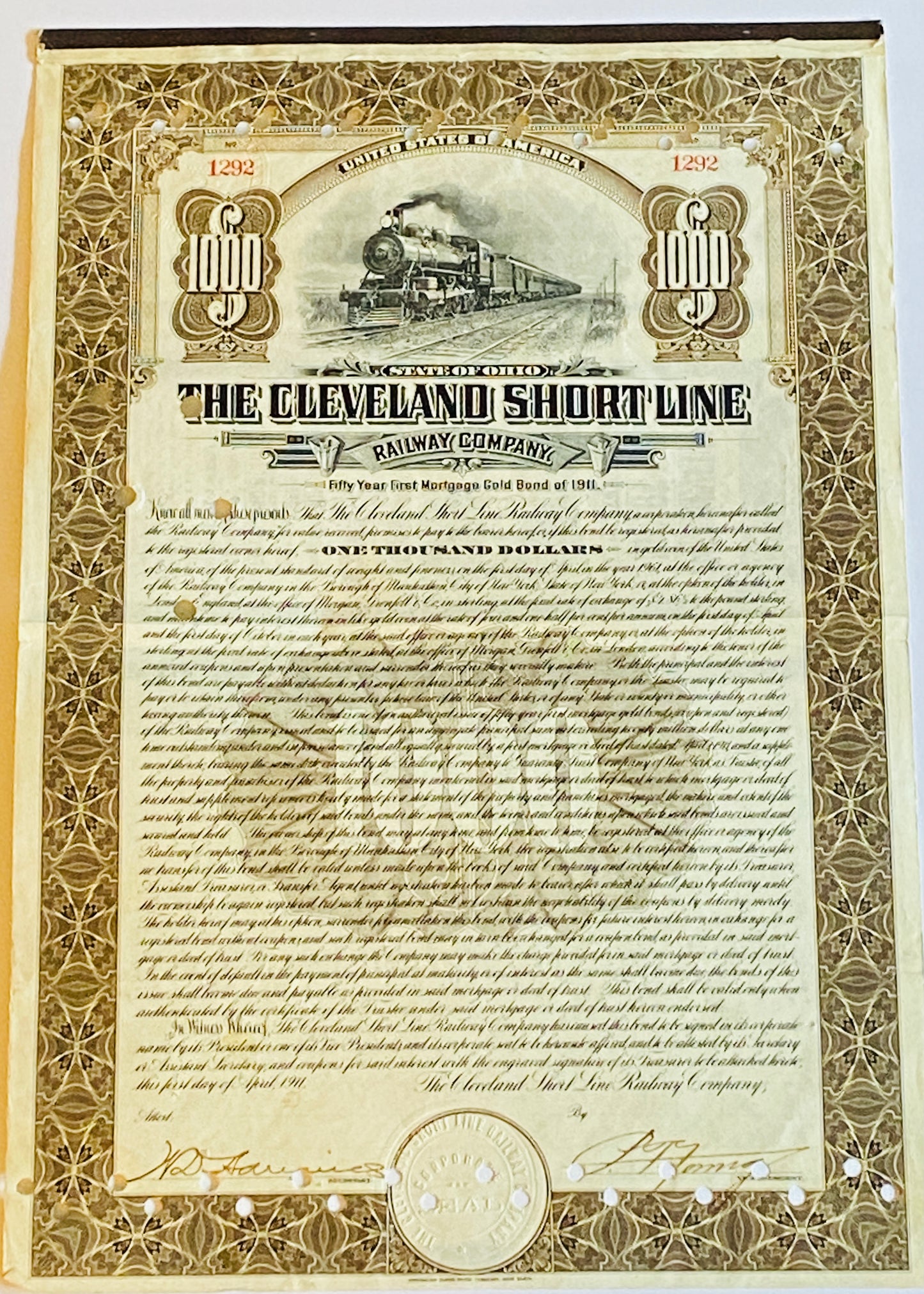 CLEVELAND SHORT LINE Gold Bond, Year 1911