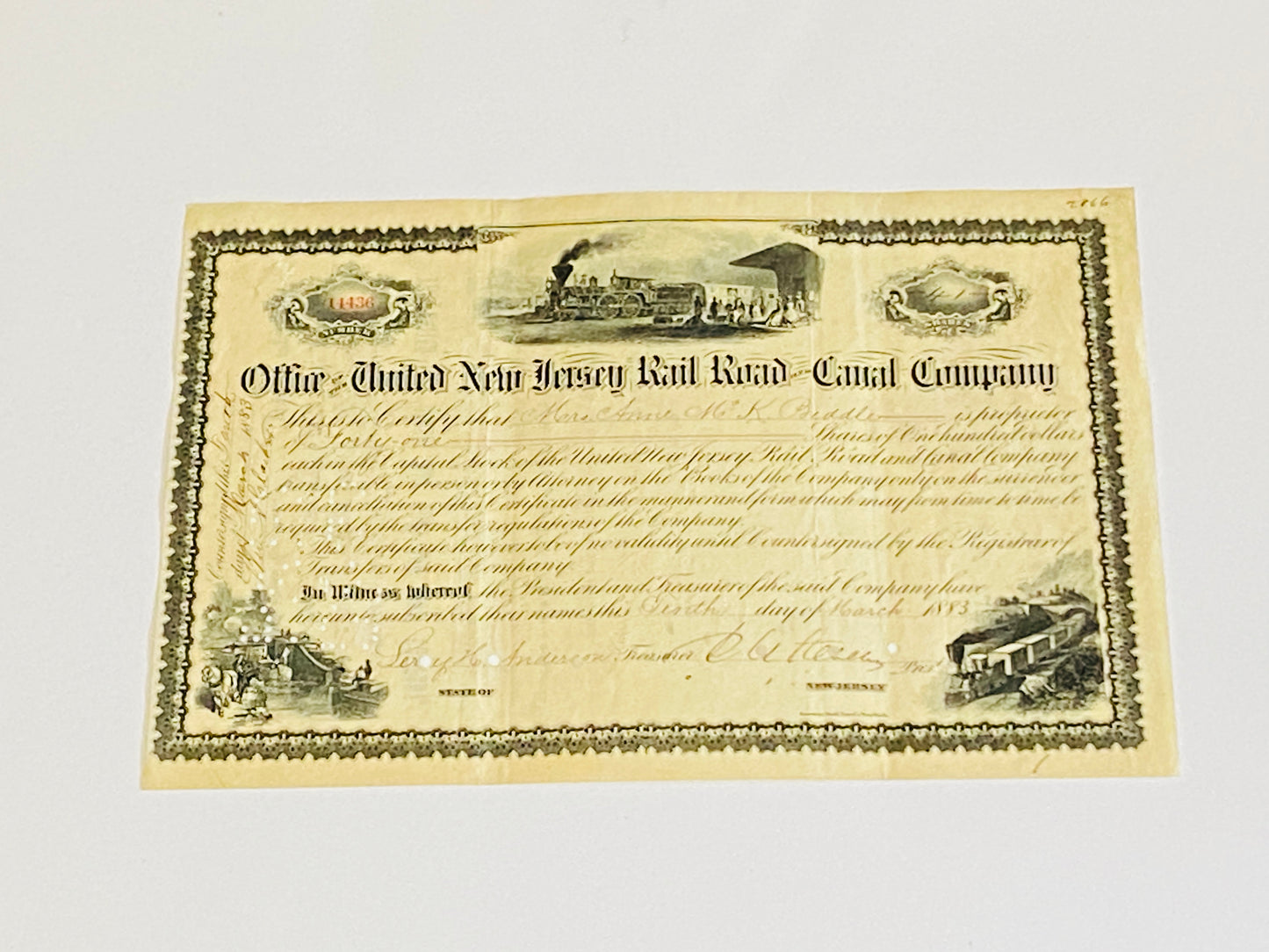 NEW JERSEY- Office of the United New Jersey Railroad Canal Company- Vintage Stock Certificate- Antique, Year 1883