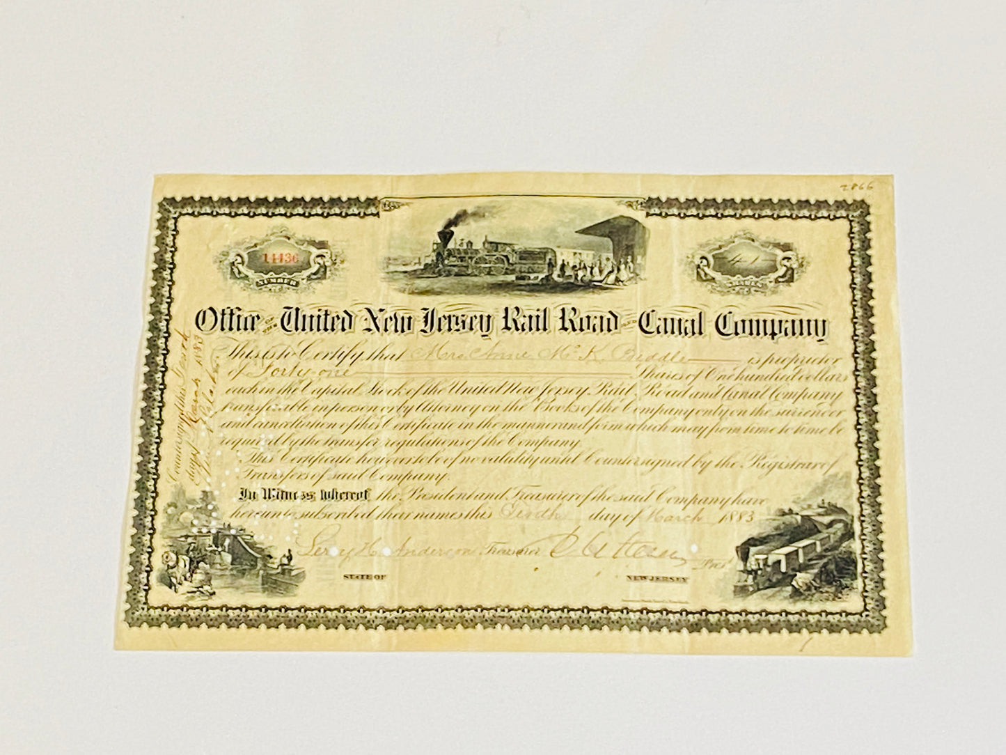 NEW JERSEY- Office of the United New Jersey Railroad Canal Company- Vintage Stock Certificate- Antique, Year 1883