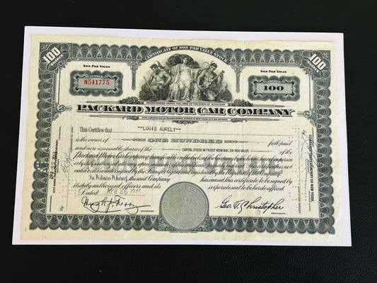 PACKARD MOTOR CSR COMPANY, Authentic Stock Certificate, Year 1945 with postcard