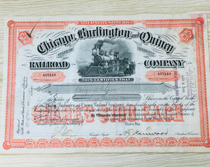 CHICAGO, BURLINGTON, and QUINCY Railroad Company authentic Stock Certificate Year 1899