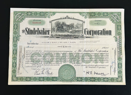 STUDEBAKER CORPORATION Authentic Stock Certificate, Year 1952 with postcard