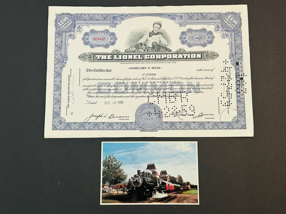 LIONEL TRAIN CORPORATION Authentic Stock Certificate, Year 1958 with postcard, Purple