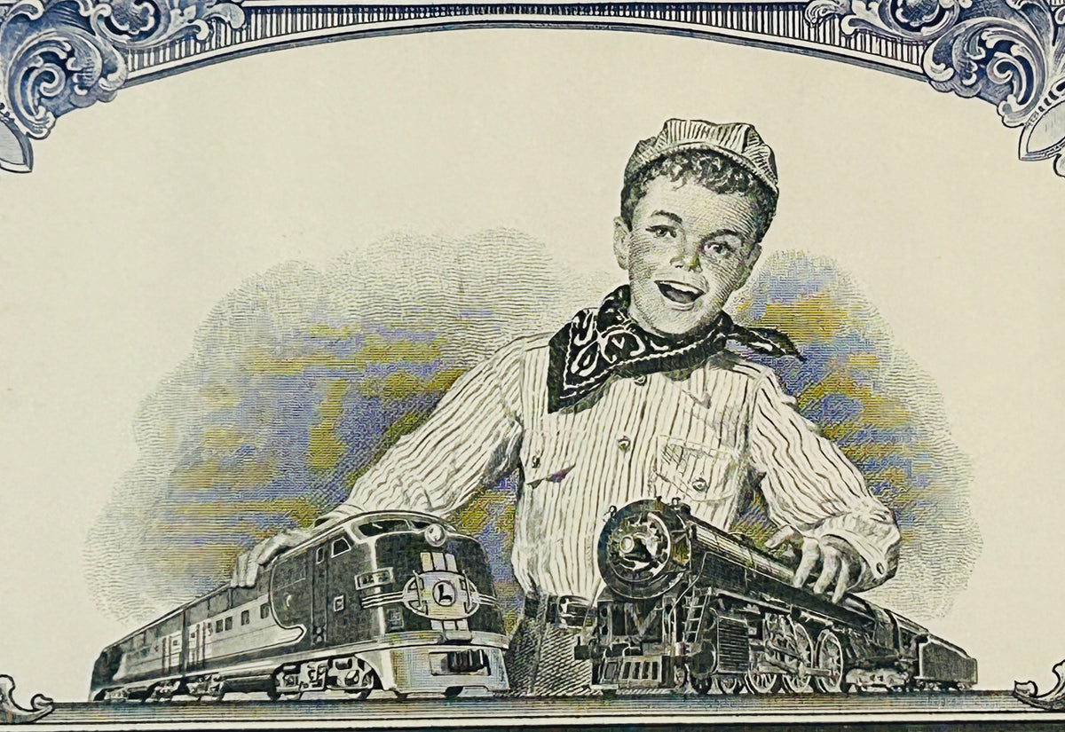 LIONEL TRAIN CORPORATION Authentic Stock Certificate, Year 1958 with postcard, Purple