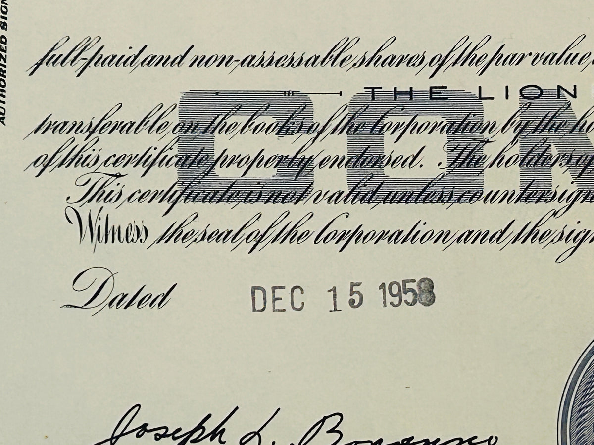 LIONEL TRAIN CORPORATION Authentic Stock Certificate, Year 1958 with postcard, Purple