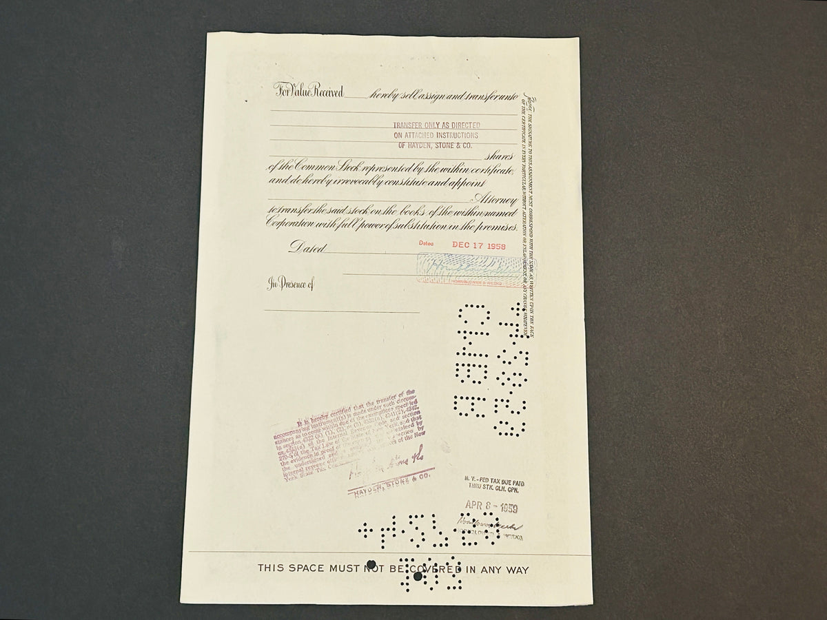 LIONEL TRAIN CORPORATION Authentic Stock Certificate, Year 1958 with postcard, Purple