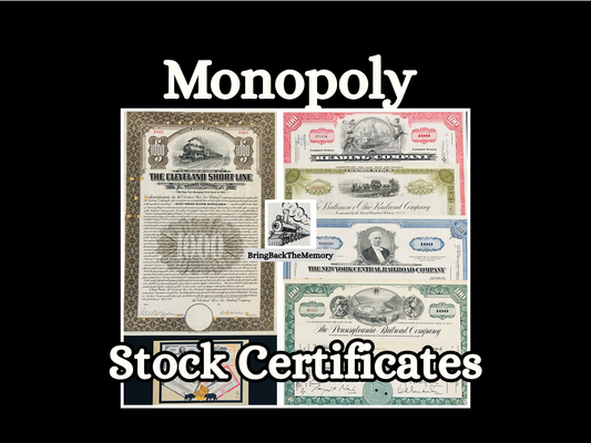 Set of 5 Monopoly Railroad Authentic Stock Certificates Gift Pack + postcard. Each authentic certificate is packed in archival-safe bag