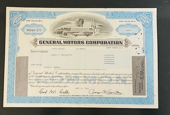 GENERAL MOTORS CORPORATION-Authentic Stock Certificate-1982