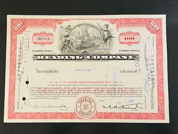 READING COMPANY-Railroad Stock Certificate-100 Shares-1969-Authentic