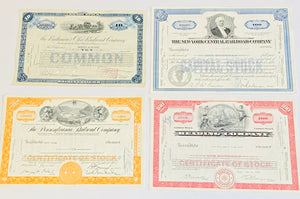 Set of 4 Gift Pack- Monopoly Railroad Authentic Stock Certificates + 4 Postcards