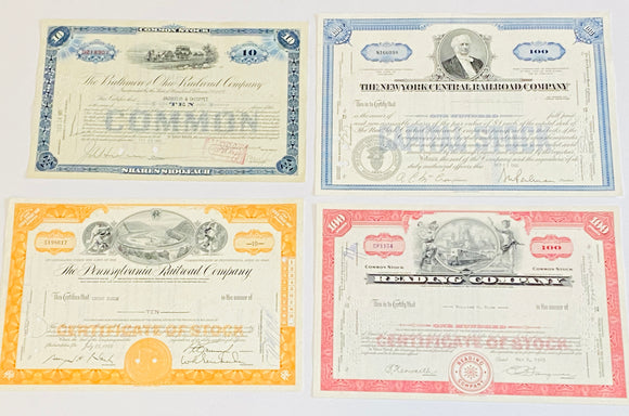 Set of 4 Gift Pack- Monopoly Railroad Authentic Stock Certificates + 4 Postcards